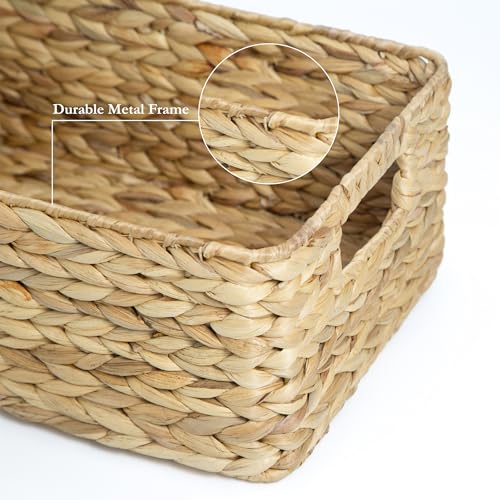 HOMESTEAD Water Hyacinth Storage Baskets, Long Narrow Rectangular Wicker Baskets for Bedroom, Living Room, Bathroom, Shelves - Set of 3