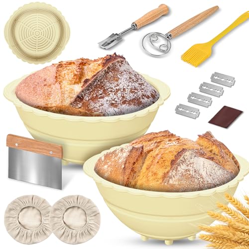 2Pack Bread Proofing Basket Banneton,Silicone Sourdough Bread Baking Baskets,9 Inch Collapsible Proofing Bowl Supplies Set Tool Kit Foldable for Bread Making Sourdough-Beige