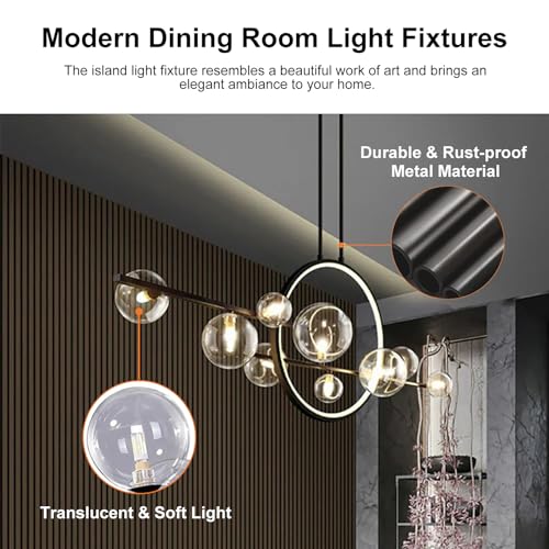 BULUXE Modern Island Lights for Kitchen,10-Light Pendant Lights Kitchen Island Lighting with Glass Globe Shade Sputnik Light Fixture Linear Chandeliers for Dining Room Living Room