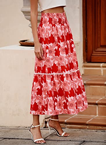 BTFBM Women 2024 Summer Spring Floral Long Skirts Casual Elastic High Waist Pleated Swing A Line Boho Beach Maxi Skirt(Flower Blue Pink, Medium)