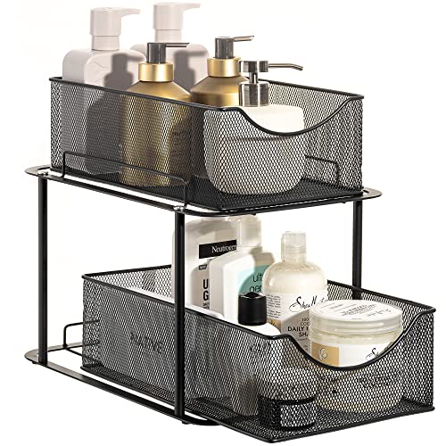 Sorbus 2 Tier Metal Under Sink Organizer for Bathroom, Kitchen, Strong Steel Mesh Sliding Drawers for Under Sink, Under Cabinet, Closet, Kitchen, Pantry, Bathroom Organizers and Storage (Black)