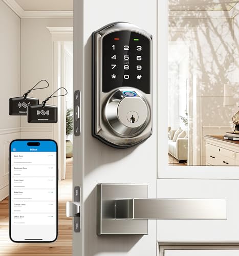 Veise Fingerprint Smart Locks for Front Door with 2 Lever Handle Set, App Control, Keyless Entry, Electronic Digital Keypad Deadbolt, Auto Lock, Waterproof, Easy to Install, Satin Nickel