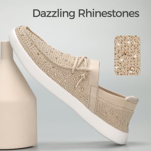 BELOS Women's Rhinestone Lace Up Loafers Shoes Comfortable Slip On Mesh Knit Walking Shoes Fashion Lightweight Sparkly Glitter Sneaker(Beige,7