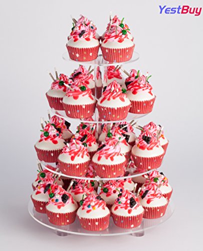 YestBuy 4 Tier Round Acrylic Cupcake Stand with Base, Premium Cupcake Holder, Acrylic Cupcake Tower Display Cady Bar Party Décor – Display for Pastry (4" Between 2 Layers with Base)