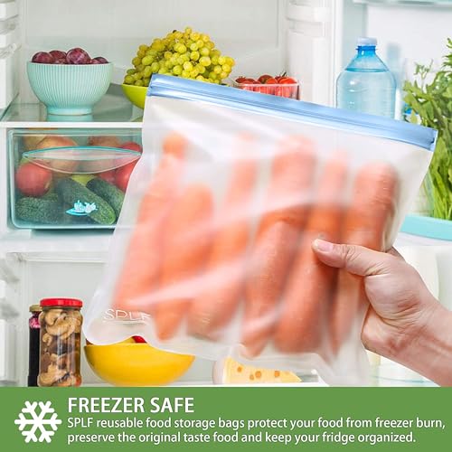 SPLF 6 Pack Reusable Gallon Freezer Bags Dishwasher Safe, BPA Free 1 gallon Leakproof Silicone and Plastic Free Food Storage Bags for Meal Prep, Fruits, Sandwich, Snack, Travel Items - Muticolor