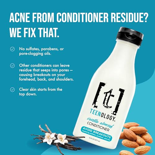 Teenology Conditioner for Teens - Avoid Forehead and Body Acne - Sulfate and Paraben Free, Noncomedogenic, Natural Botanical Extracts, Vanilla Almond - 16 oz.