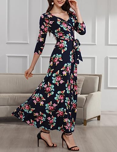 Aphratti Maxi Dresses for Women 2024 Casual Fall 3/4 Sleeve Faux Wrap V Neck Floral Flowy Long Maxi Dresses Blue Small