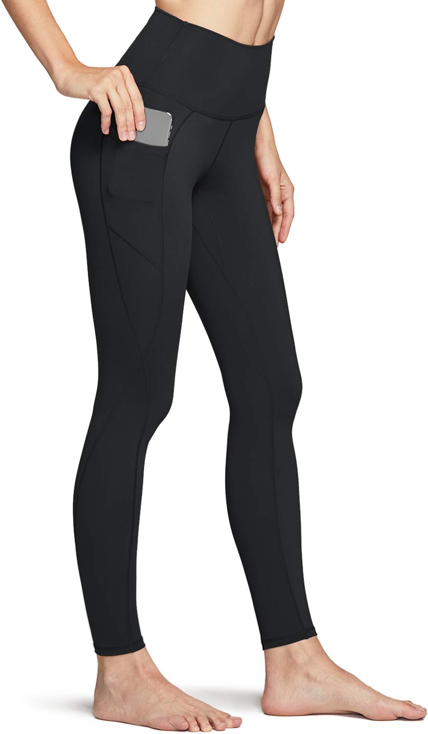 TSLA Women's Tummy Control Yoga Pants with High Waist and Running Yoga Leggings with Convenient Pockets for Workouts, Pocket Peachy Black, Small