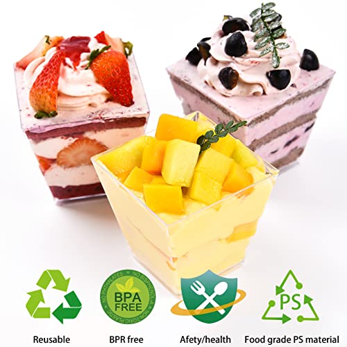 Jutoarts 50 Pack 5oz Small Reusable Serving Dessert Cups with Lid and Spoon, Square Fruit Cups, Clear Plastic Parfait Appetizer Cup, For All Kinds of Parties.