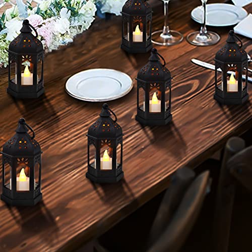 SHYMERY Mini Lantern with Flickering LED Candles,Vintage Black Decorative Hanging Candle Lanterns for Halloween,Wedding Decorations,Christmas,Table Centerpiece,Battery Included（Set of 6）