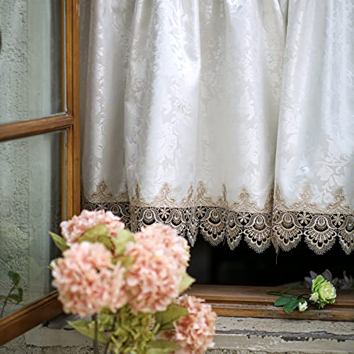 SUTAVIA Classical Lace Kitchen Curtain Set 2 Panels for Window Farmhouse Cafe Curtains Beige Fabric with Champagne Lace Rod Pocket Window Treatment Country for Kitchen Bedroom Living Room Bathroom
