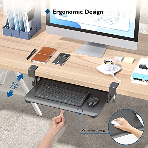 BONTEC Small Keyboard Tray Under Desk, Pull Out Keyboard & Mouse Tray with C Clamp, 20 (24.6Including Clamps) x 11.8inch Steady Slide-Out Computer Drawer, Perfect for Home or Office, Black