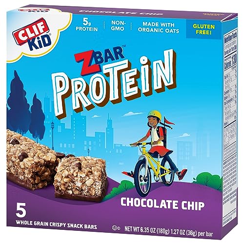 CLIF Kid Zbar Protein - Chocolate Chip - Crispy Whole Grain Snack Bars - Made with Organic Oats - Non-GMO - 5g Protein - 1.27 oz. (5 Pack)