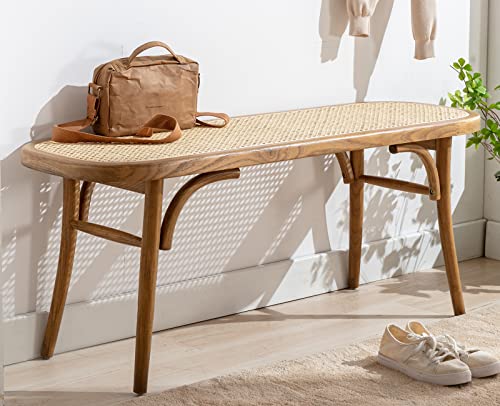 Kmax Upholstered Bench Wicker Rattan Entryway Bench Rustic Solid Wood 45 Inch for Living Room/Bedroom/Hallway