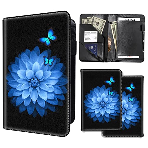 Server Books for Waitress,PU Leather Waiter Book Server Wallet with Zipper Pocket, Cute Waitress Book&Waitstaff Organizer with Money Pocket Fit Server Apron, Green Tree (Blue Flying Butterfly, Medium)