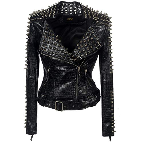 SX Women Punk Faux Leather PU Black Jacket Studded Rivet Fashion Streetwear Motorcycle Coat (6XL, White)