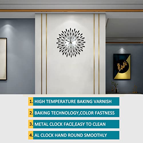 JUGV 19.7 INCH Black Wall Clock for Living Room Decor,Non-Ticking Quiet Metal Petals Dial Glass Big Wall Clocks Black for Bedrooms Kitchen and Small Space Decoration