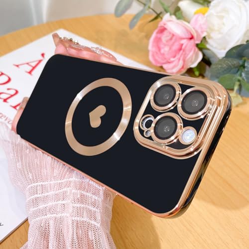 Bonoma Magnetic Case for iPhone 15 Pro Max Compatible with MagSafe, Cute Love Heart Luxury Plating Back Cover with Edge Elegant Aesthetic Hearts Pattern Phone Case-Black