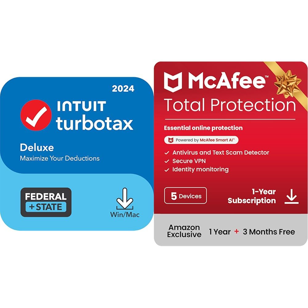 TurboTax Deluxe 2024 Tax Software, Federal & State [PC/MAC Download] & McAfee Total Protection 5 Devices