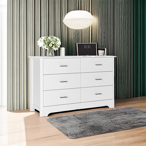 HOSTACK 6 Drawer Dresser, Modern White Wide Chest of Drawers with Metal Handels, Wood Double Dresser, Storage Chest Organizers for Living Room, Hallway, Entryway, White