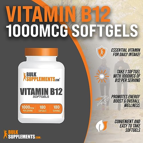 BulkSupplements.com Vitamin B12 1000 mcg Softgels - as Cyanocobalamin, Vitamin B12 Supplement - Essential Vitamin B, Gluten Free, 1 Softgel per Serving, 180 Count (Pack of 1)