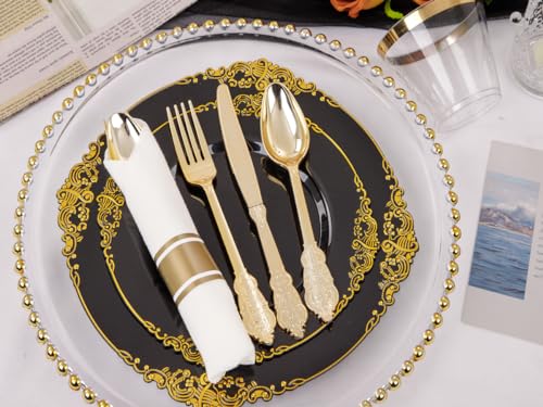 Nervure 175PCS Blue and Gold Plastic Plates & Pre Rolled Napkins with Plastic Cutlery for 25 Guests Gold Disposable Plates 75 Gold Plastic Silverware, 25Cups, 25Napkins for Wedding & Party