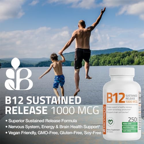 Bronson Vitamin B12 1000 mcg (B12 Vitamin As Cyanocobalamin) Sustained Release Premium Non GMO Tablets Supports Nervous System, Healthy Brain Function and Energy Production, 250 Count