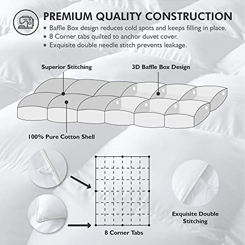 Luxurious King/California King Size Goose Down Fiber Waterfowl Feather Fiber Comforter Duvet, 100% Egyptian Cotton Cover, 58 oz. Fill Weight, Baffle Box Design, White Solid