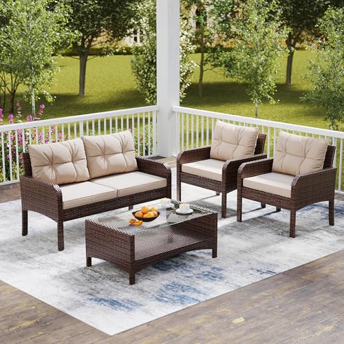LHBcraft 4 Piece Patio Furniture Set Small Outdoor Furniture, Patio Conversation Sets Rattan Wicker Sofa Set with Cushions & Coffee Table, Tempered Glass Table Top and Storage Shelf, Brown