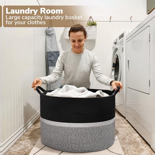 CHICVITA Extra Large Laundry Basket, Woven Rope Blanket Basket For Towels, Clothes, Toy Storage Baskets, Pillow Baskets For Living Room, Family Room, 22 x 22 x 14 inches, Black