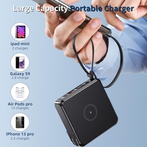 penaover Portable Charger with Built-in Cables&AC Wall Plug, 10000mAh Wireless Charging(No-Magnetic) Power Bank, PD 22.5W Fast Charging USB C Battery Pack Compatible with iPhone, Android, Samsung