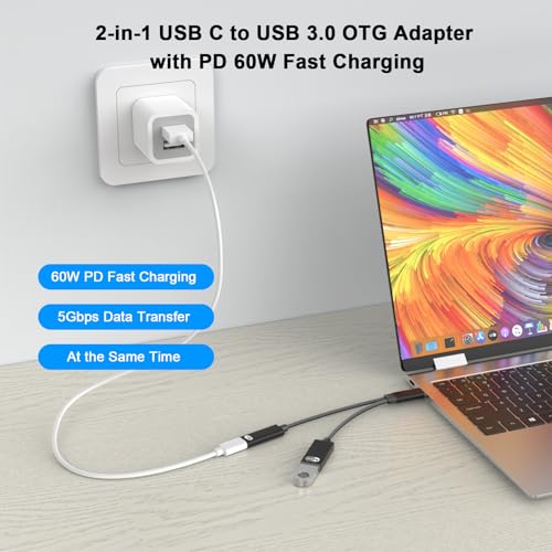 FUHAYA USB C to USB OTG Adapter and Charger Cable, 2-in-1 USB Type C to Female USB 3.0 OTG Adapter with PD 60W Fast Charging Port for iPhone 15/15 Plus/15 Pro/15 Pro Max, iPad Pro, Galaxy S24/S23/S22