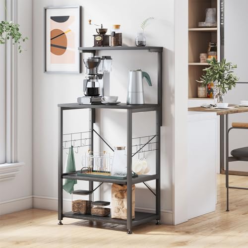 Bestier Bakers Rack, 4-Tier Microwave Stand Coffee Bar Table on Wheels, Utility Storage Rack with Sliding Shelf & 10 Side Hooks for Kitchen, Living Room, Dining Room, Black