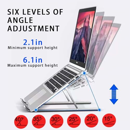 Xcdhemde® Laptop Stand, Aluminum Alloy-Laptop Stand for Desk, 6-Level Adjustable Laptop Riser, Ventilation and Heat Dissipation, Sturdy and Durable Laptop Stand, Silver(8-16” Laptop)