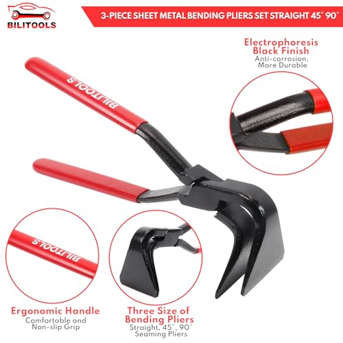BILITOOLS 3-Piece Hand Seamer Sheet Metal Tools, Sheet Metal Bending Pliers Set Straight, 45° & 90° Bending Tool Comfort with Grip Handle