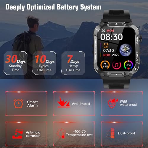 Hvlgmrc Military Smart Watch for Men 1.96 Inches Outdoor Sports Smartwatch with Answer/Make Call,Fitness Watch,Blood Oxygen,Heart Rate and Sleep Monitor Compatible with iPhone and Android Phones