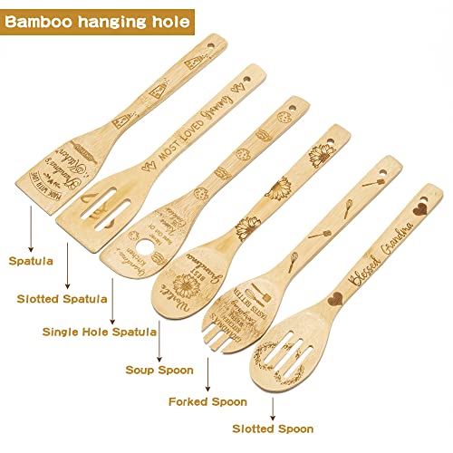 Haooryx 6Pcs Grandma Bamboo Spoons Utensils Set Best Grandma Cooking Utensils Non-Stick Spoons Burned Bamboo Cookware Kitchen Gadget Kit Grandma Birthday Grandparent's Day Gift Housewarming Present