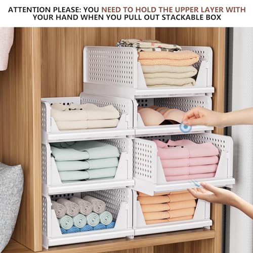 4 Pack Folding Closet Organizers Storage Box, Stackable Storage Bins, Plastic Drawer Basket Closet Storage for Wardrobe Cupboard Kitchen Bathroom Office White-1S3L