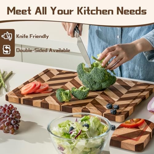 THETCHRY Large Wood Cutting Boards for Kitchen - Design in USA Butcher Block Cutting Board,Chopping Board for Kitchen with Juice Grooves & Built in Side Handles,17"L x 12"W x 0.8"Th