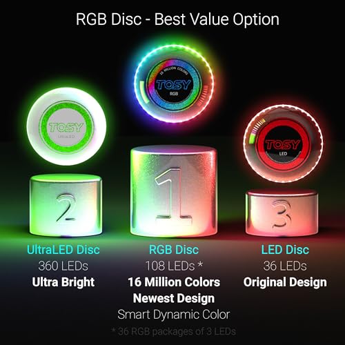 TOSY 16 Million Color Flying Disc - 36 RGB LEDs, Extremely Bright, Smart Modes, Countless Styles, Auto Light Up, Rechargeable, Perfect Birthday & Camping Gift for Men/Boys/Teens/Kids, 175g frisbees