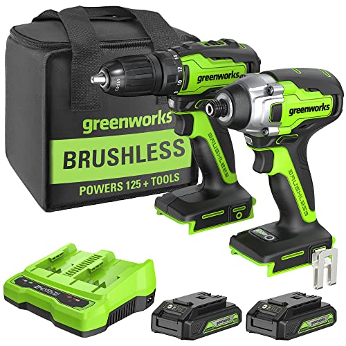 Greenworks 24V Brushless 310 in./lbs Drill / Driver + 2650 in./lbs Impact Driver Combo Kit, (2) USB (Power Bank) Batteries and Dual Port Charger Included LED Light, 2pcs Driving Bits with Tool Bag
