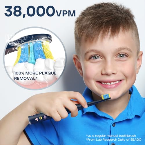 SEAGO Kids Electric Toothbrush, Rechargeable Sonic Soft Bristle Toothbrushes with 8 Brush Heads, DIY Stickers and 5 Modes, Ideal for Kids and Children, Ages 3–12(Navy)