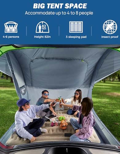 JOYTUTUS SUV Tent for Camping with Rainfly, Double Door Design Car Tent with Aluminum Poles, SUV Tailgate Tent with Waterproof PU2000mm Double Layer for 6-8 Person, Green