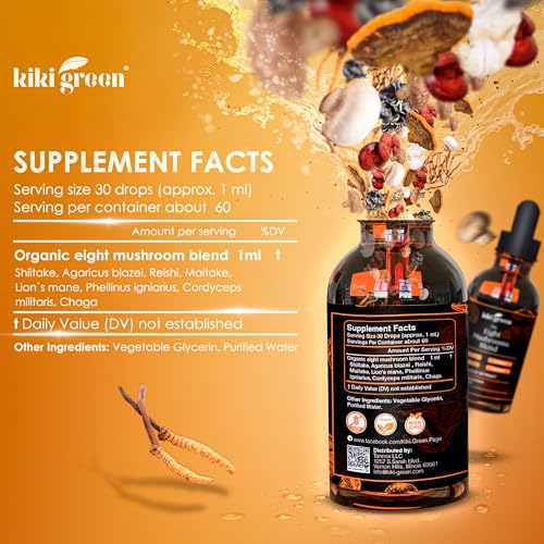 KIKI Green Liquid Mushroom Extract Drops - 8 Mushrooms Complex for Cognitive Support and Immunity Boost - Lions Mane Supplement, Cordyceps, Chaga, Reishi, Shiitake, Turkey Tail, Maitake, Red Reishi