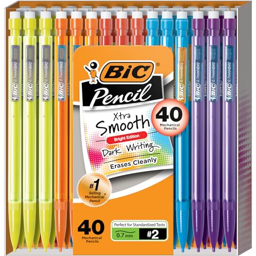 BIC Xtra-Smooth Mechanical Pencils with Erasers (MPCE40-BLK), Bright Edition Medium Point (0.7mm), 40-Count Pack, Bulk Mechanical Pencils for School, Barrel Colors May Vary