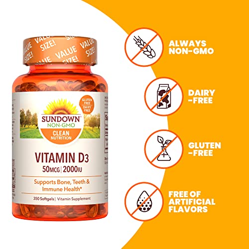 Sundown Vitamin D3 2000 IU Softgels, Supports Bone, Teeth, and Immune Health, 350 Count