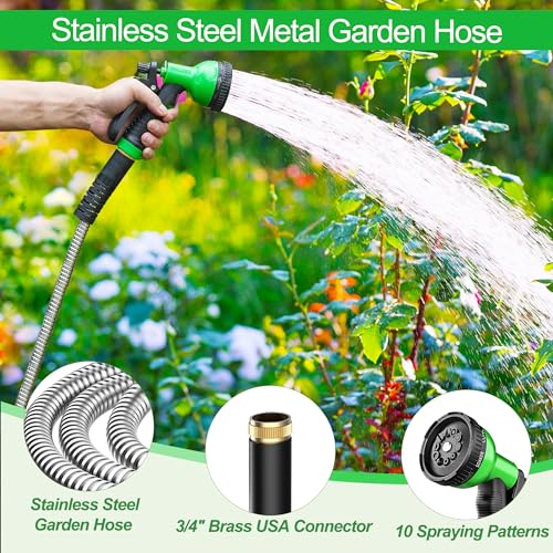 EONFAY Metal Garden Hose 50ft, Stainless Steel Water Hose Leak-Proof w/10 Function Sprayer Nozzle, 3/4" Fittings Flexible Garden Hose, Long-Lasting, Lightweight, No-Kink Water Hose, for Yard and Lawn