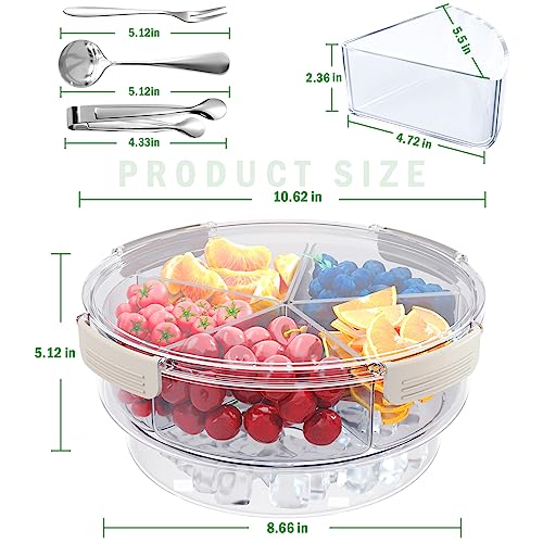 caktraie Condiment Tray [with 360° Rotating Tray Turntable] Stainless Steel 5 Spoons, 5 Forks and 1 Clip, Bar Ice Fruit Holder, Condiment Server, Compartment Tray with Lid