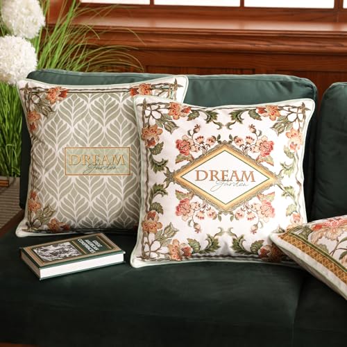 patdrea Designer Pack of 4 Idyllic Throw Pillow Covers 18x18 Inch,Green Vine Velvet with Dreamy Floral Collection Pattern,Decorative Square Pillowcases Cushion for Bed Living Room Outdoor Car