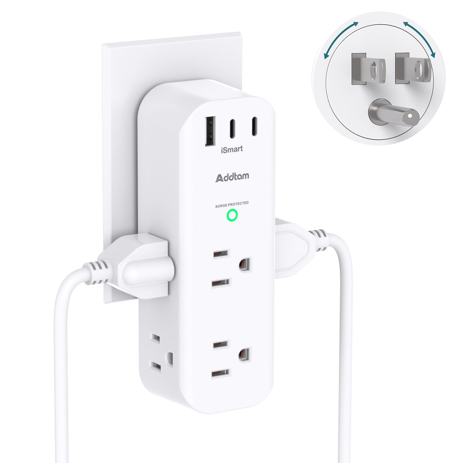 Surge Protector Wall Outlet Extender, Multi Plug Outlet with Rotating Plug, 6 AC Outlets 3 USB Ports (2 USB C), 1800J, 3-Side Power Strip Wall Mount, Outlet Splitter for College Dorm Travel Essentials